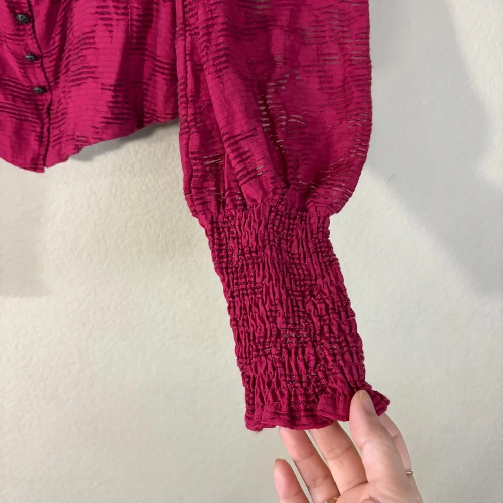Anthropologie Pink Floral Ruffle Blouse Smocked Puff Sleeve Sz XS Cottagecore
